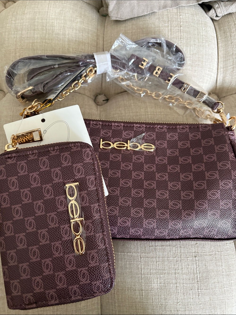 bebe Plum Logo Crossbody with Coin Pouch and Key Chain Gold Hardware